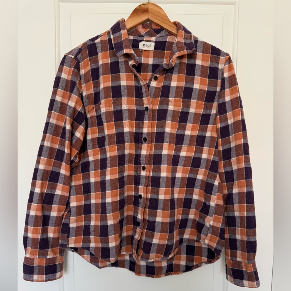 Pact Mila Organic Cotton Flannel Plaid Button Down Shirt Orange Purple Large - Picture 2 of 8
